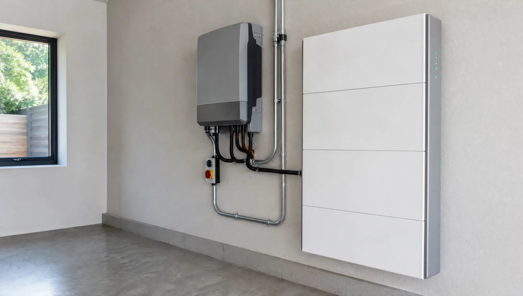 Accumulo a parete accanto all&rsquo;inverter, in un garage.
