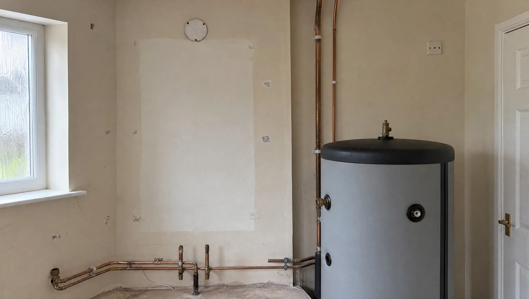 Il muro dopo la rimozione della caldaia a gas, con il nuovo accumulo inerziale.