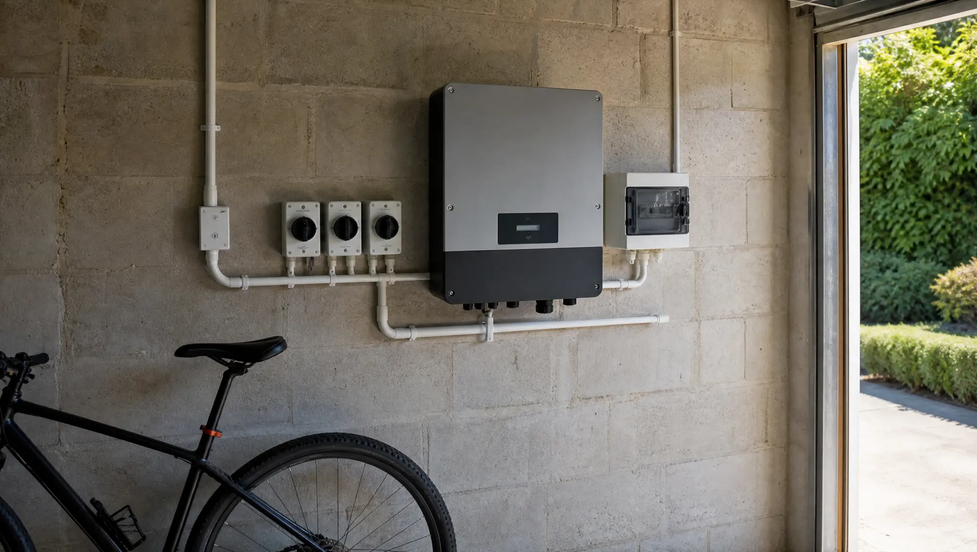 Inverter, contatore di produzione e sezionatori in corrente continua, in garage.