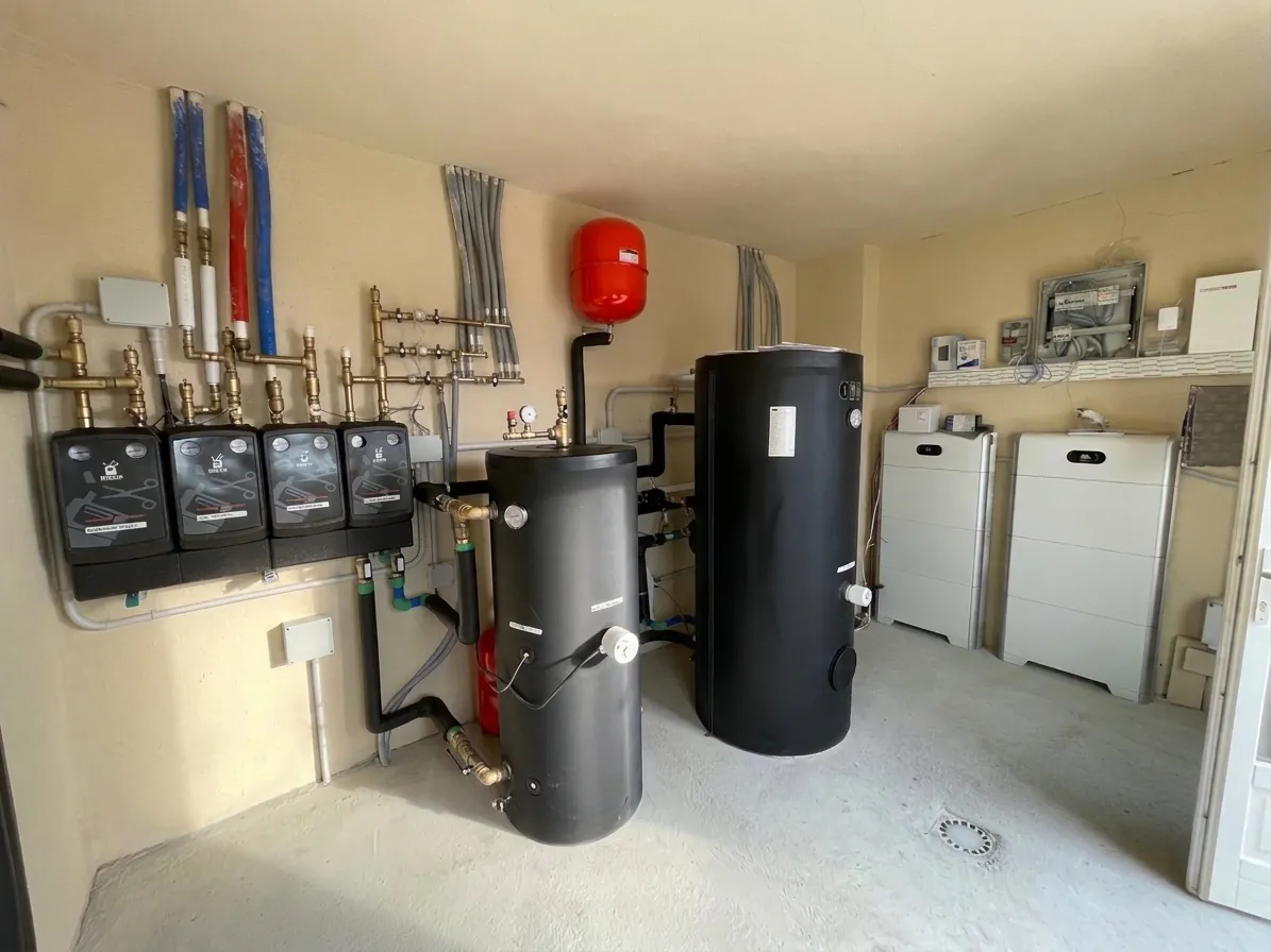 Una centrale termica realizzata da De Masi Impianti: collettori, accumuli, pompa di calore e batterie di accumulo
