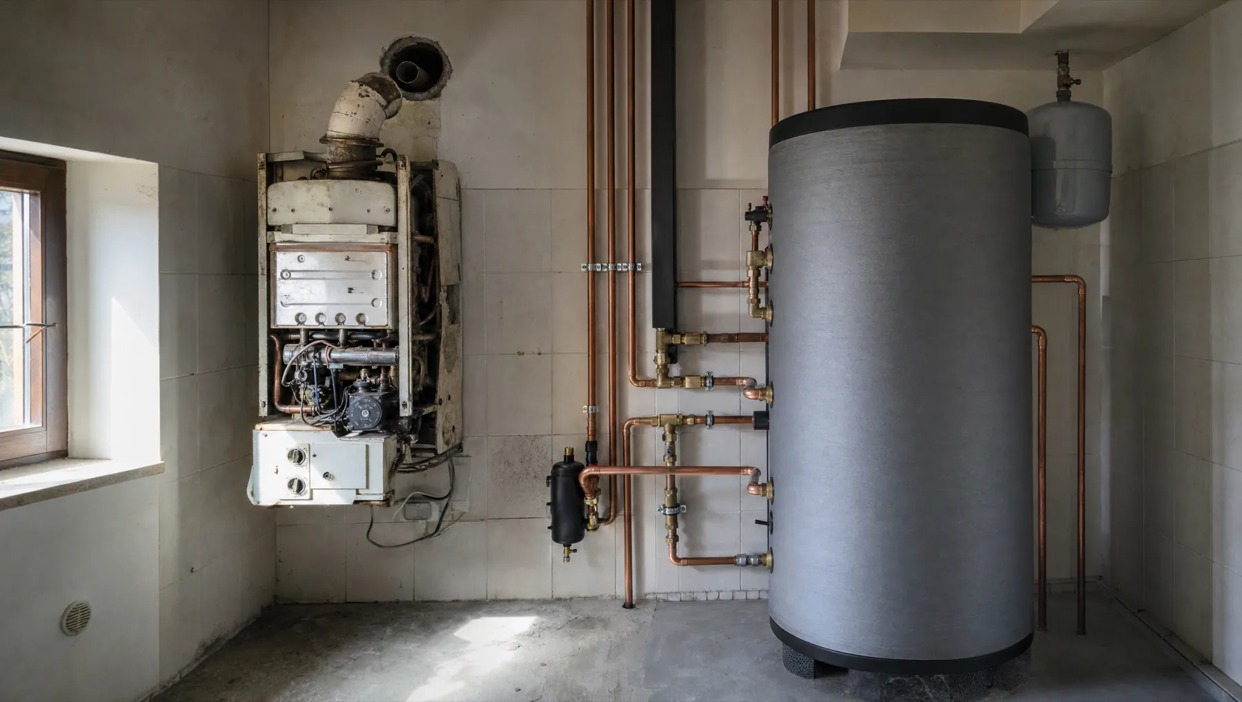 Vecchia caldaia a gas smontata accanto al nuovo accumulo termico
