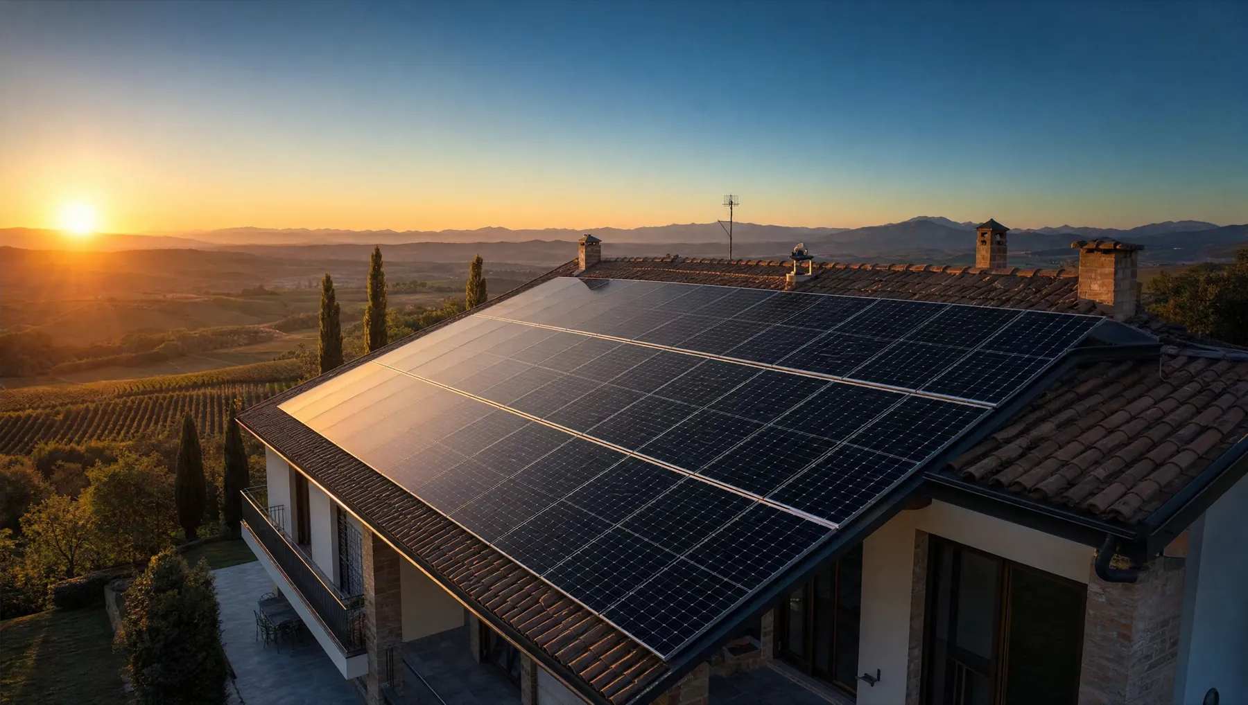 Casa con il tetto coperto di moduli fotovoltaici al tramonto, sulle colline del Piemonte