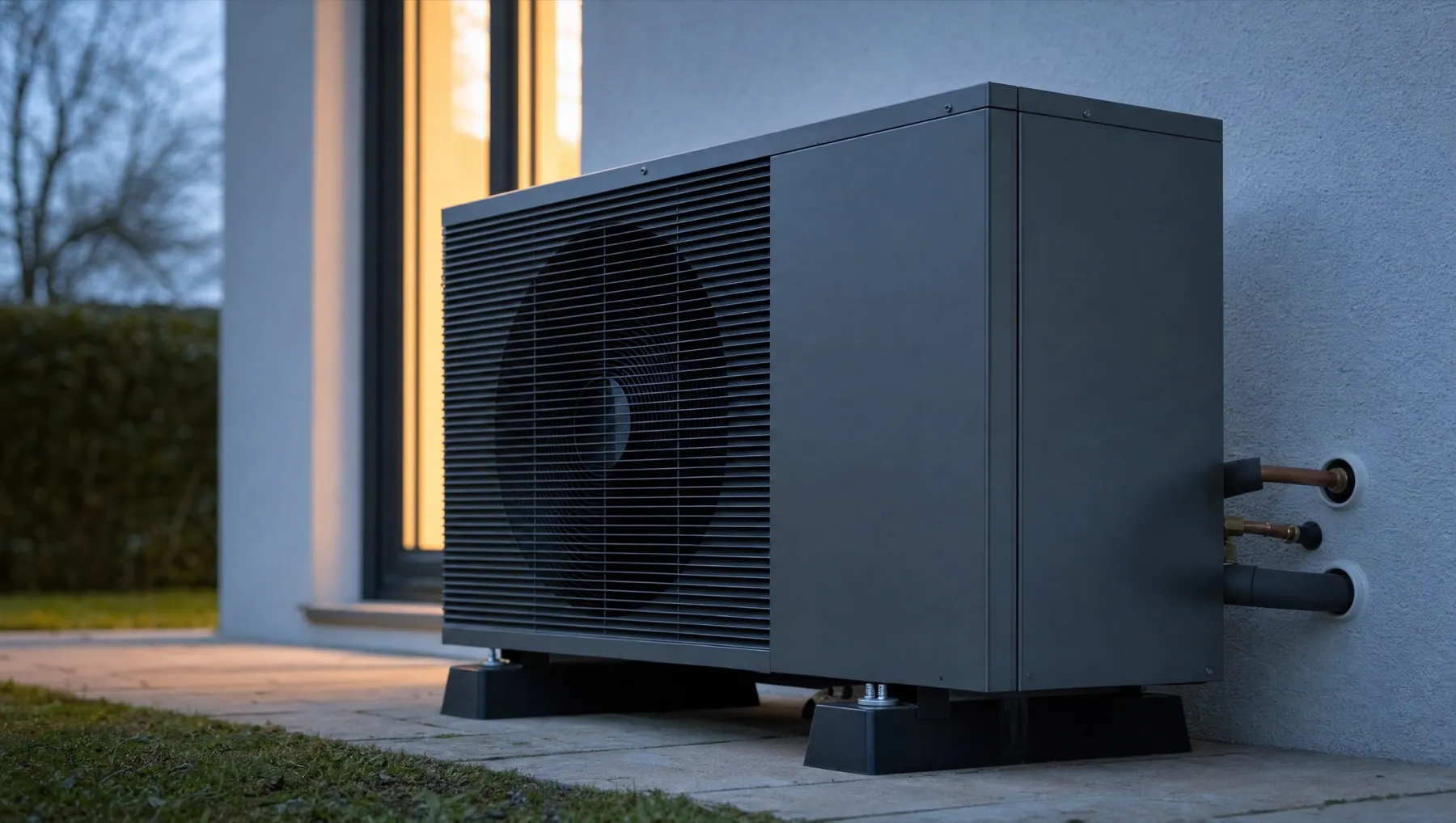 Unit&agrave; esterna di una pompa di calore aria-acqua installata a bordo edificio