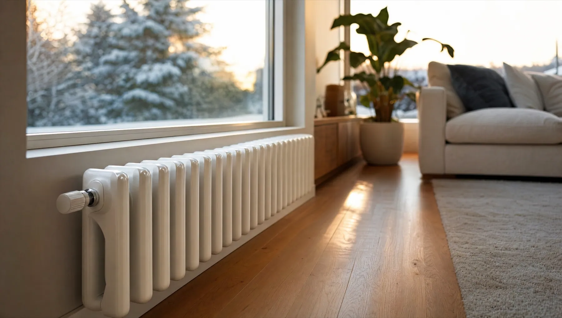 Termosifone tubolare in acciaio sotto una finestra, in un soggiorno illuminato dal sole invernale
